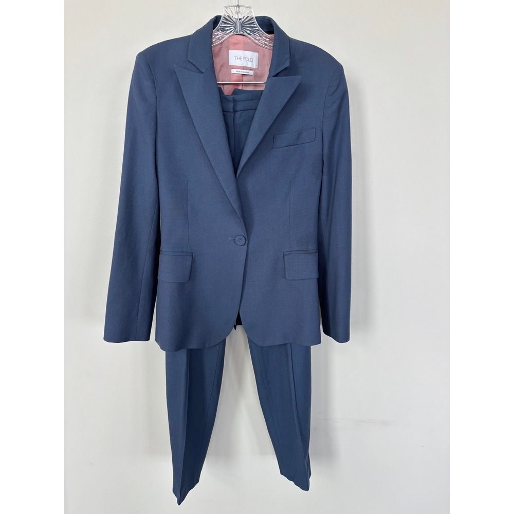 The Fold London Blue Textured Pant Suit Blazer Trousers Set Size 8 Made in UK